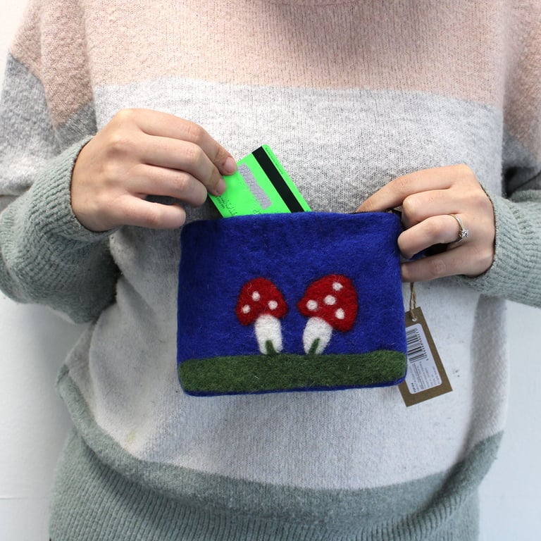 Natural Felt Zipper Pouch - Mystic Mushrooms, Handmade, Zippered Design