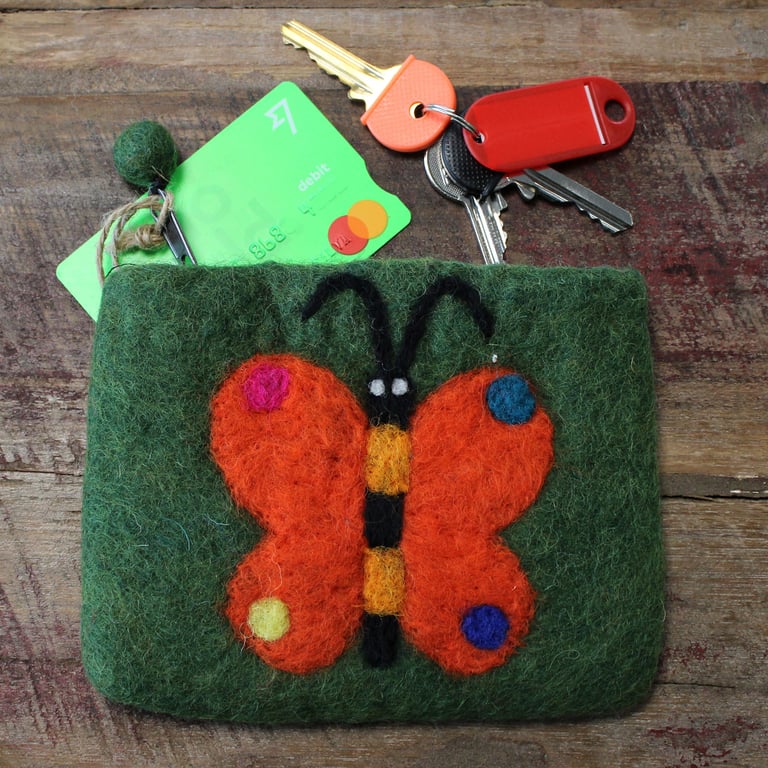 Natural Felt Zipper Pouch - Handmade Butterfly Organizer Case
