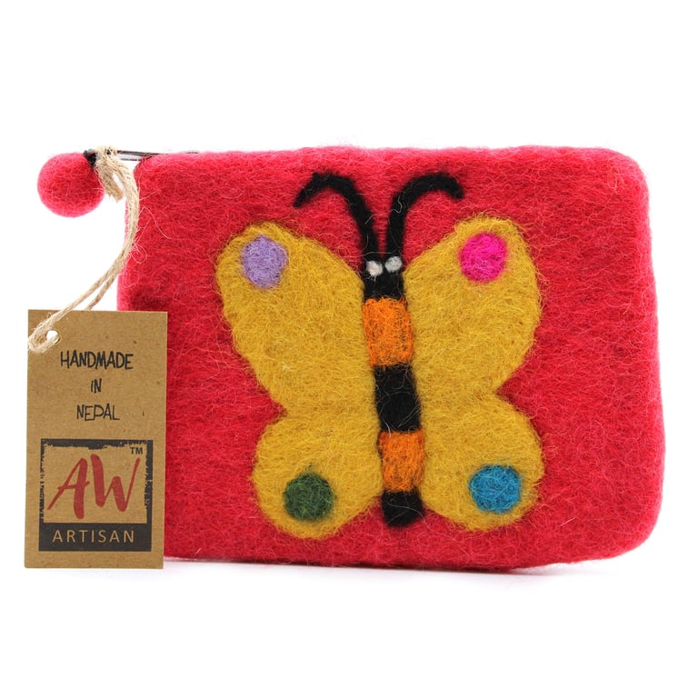 Natural Felt Zipper Pouch - Handmade Butterfly Organizer Case