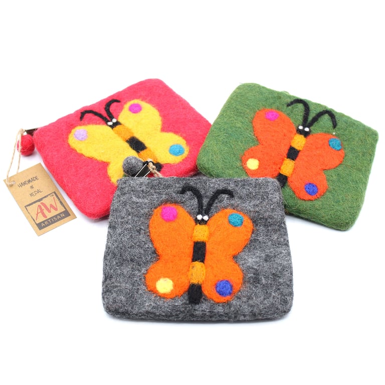 Natural Felt Zipper Pouch - Handmade Butterfly Organizer Case