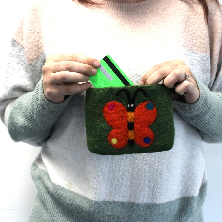 Natural Felt Zipper Pouch - Handmade Butterfly Organizer Case