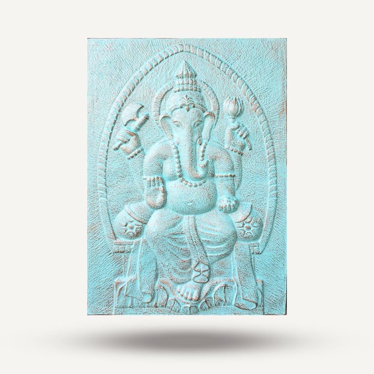 Turquoise Ganpati Iron Frame (70x100cm) - Large Religious Wall Art