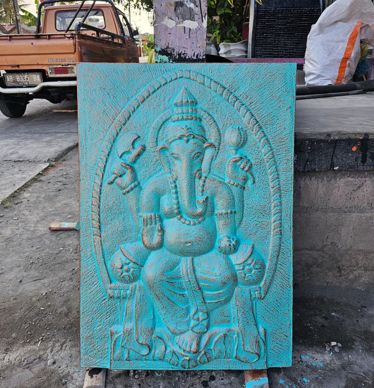 Turquoise Ganpati Iron Frame (70x100cm) - Large Religious Wall Art