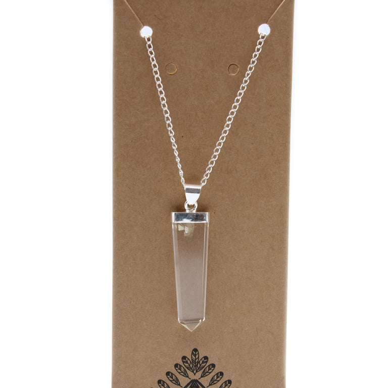 Rock Quartz Gemstone Flat Pencil Pendant Necklace - Crystal Jewelry Gift