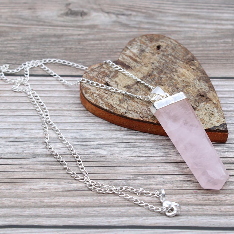 Rose Quartz Gemstone Flat Pencil Pendant Necklace - Crystal Jewelry Gift