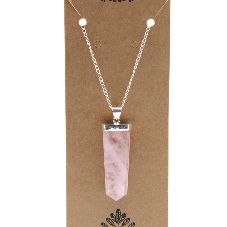 Rose Quartz Gemstone Flat Pencil Pendant Necklace - Crystal Jewelry Gift