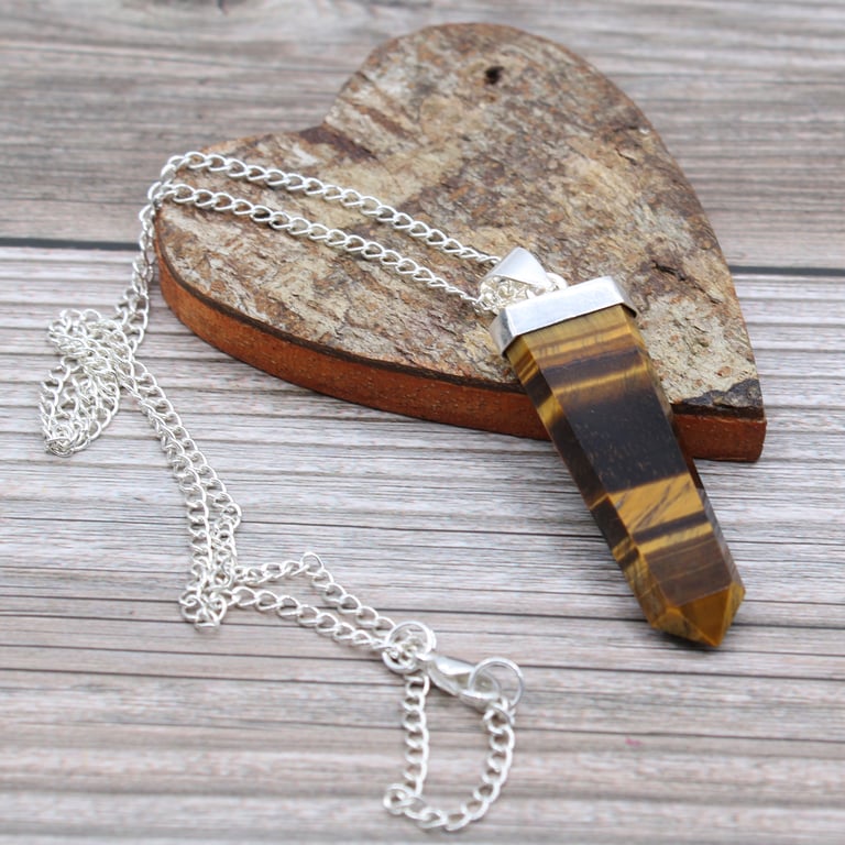 Tiger Eye Gemstone Flat Pencil Pendant Necklace - Sterling Silver Jewelry
