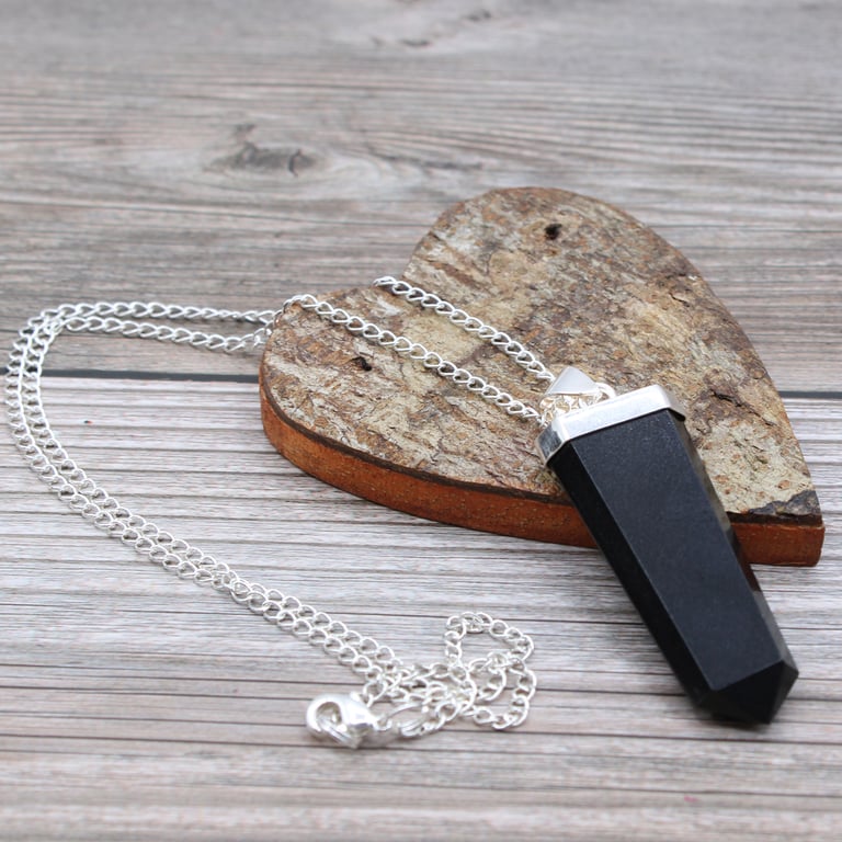 Black Agate Gemstone Flat Pencil Pendant - Genuine Agate Jewelry Piece