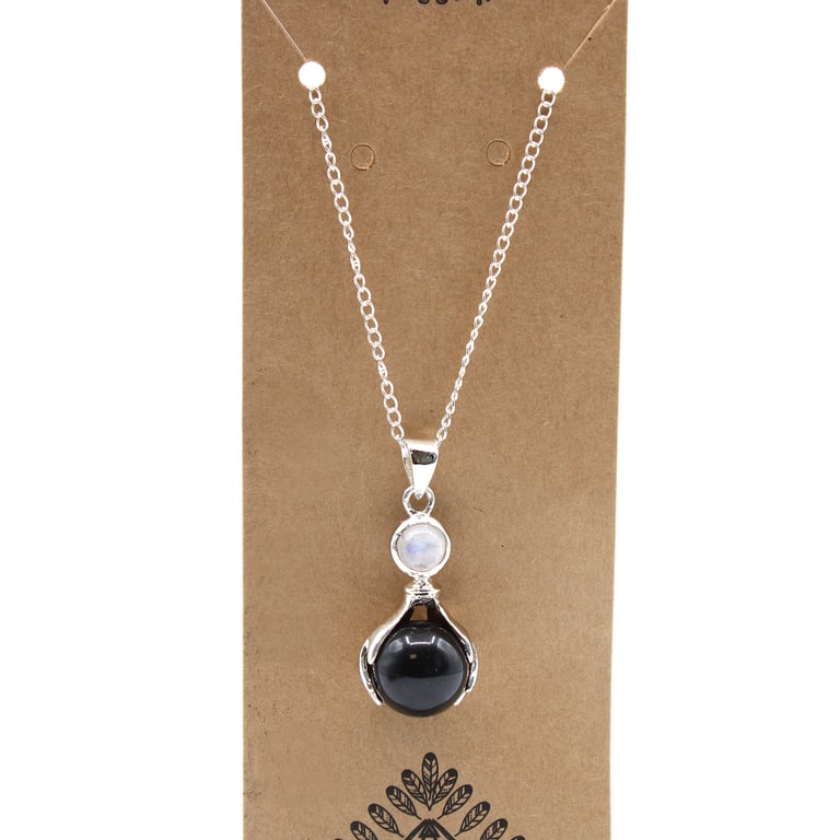 Black Agate Gemstone Healing Hands Pendant - Crystal Energy and Balance Gift