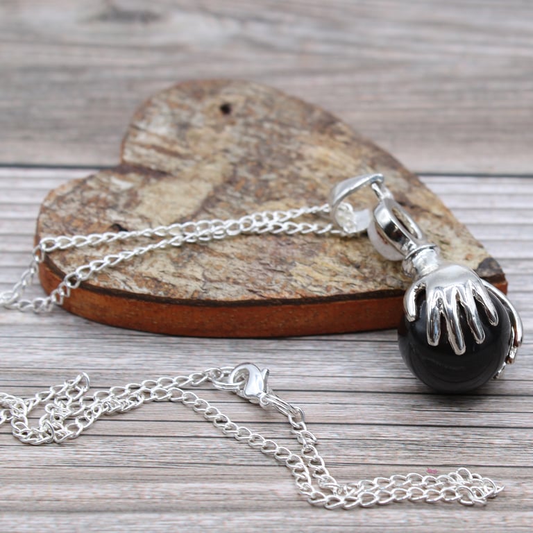Black Agate Gemstone Healing Hands Pendant - Crystal Energy and Balance Gift