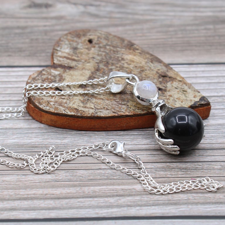 Black Agate Gemstone Healing Hands Pendant - Crystal Energy and Balance Gift