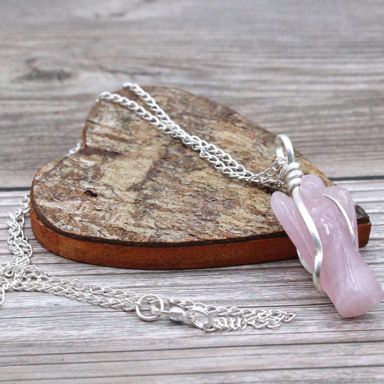 Rose Quartz Guardian Angel Gemstone Pendant - Healing Spiritual Protection Jewelry