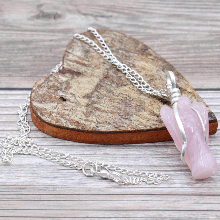 Rose Quartz Guardian Angel Gemstone Pendant - Healing Spiritual Protection Jewelry