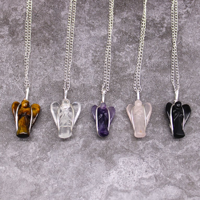 Rose Quartz Guardian Angel Gemstone Pendant - Healing Spiritual Protection Jewelry