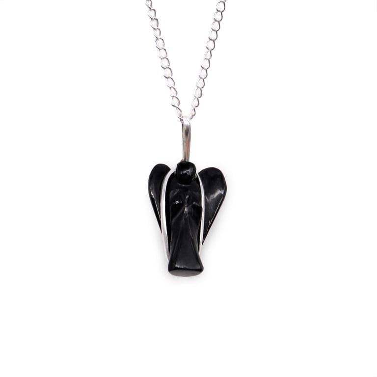 Black Agate Gemstone Guardian Angel Pendant - Spiritual Protection and Mystical Energy