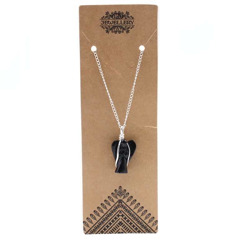 Black Agate Gemstone Guardian Angel Pendant - Spiritual Protection and Mystical Energy