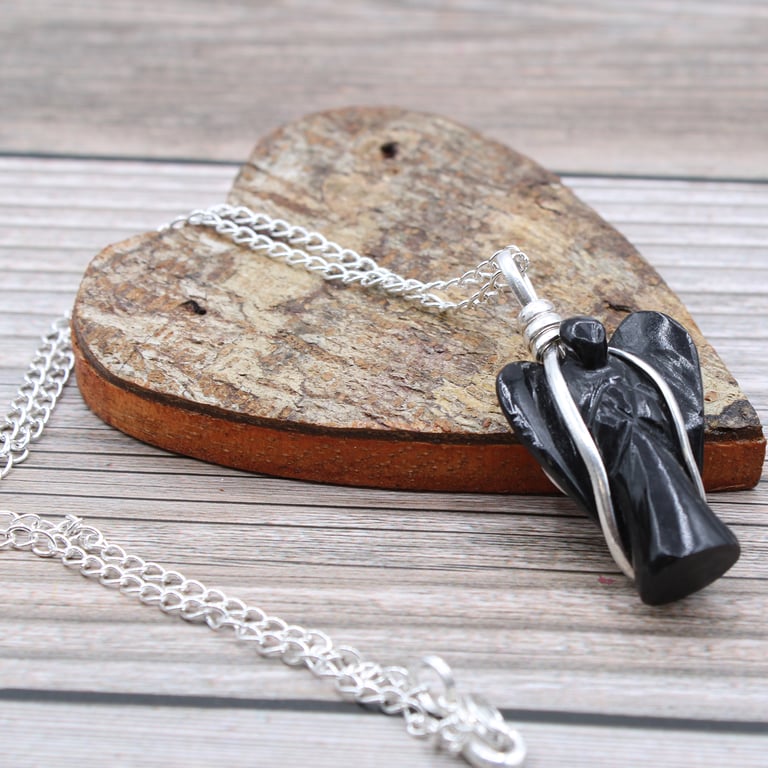 Black Agate Gemstone Guardian Angel Pendant - Spiritual Protection and Mystical Energy