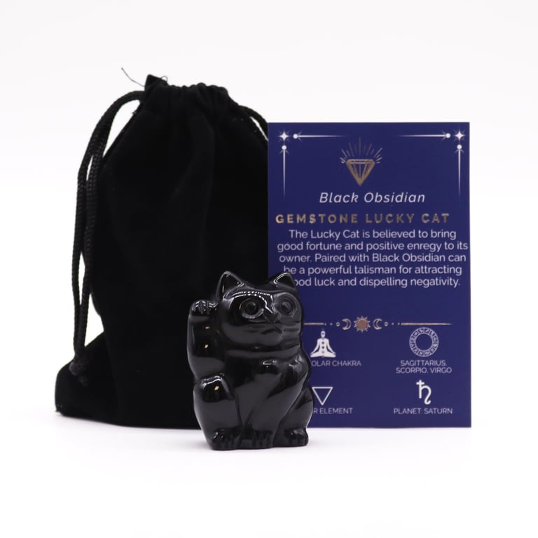 Black Obsidian Gemstone Lucky Cat - Feng Shui Decorative Figurine