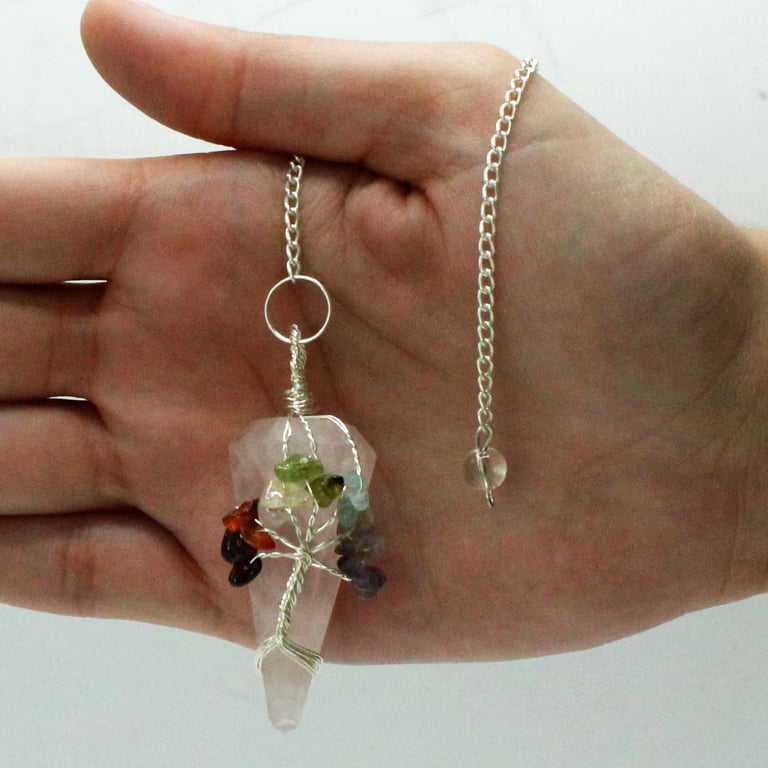 Seven Chakra Rose Quartz Magic Pendulum - Spiritual Tool for Energy Healing and Chakra Balancing