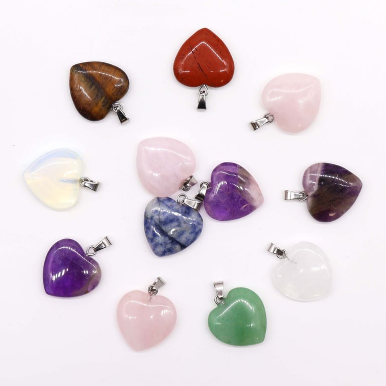 20x6mm Assorted Gemstone Heart Pendants (12-Piece Jewelry Set)