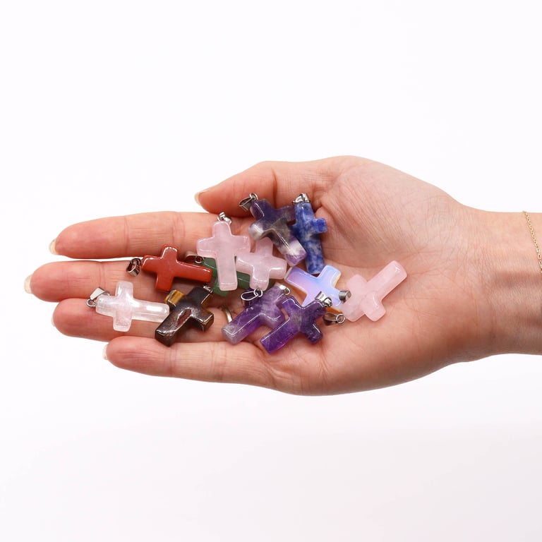 Gemstone Crosses Pendants - 12 Assorted 25x18mm Jewelry Pieces