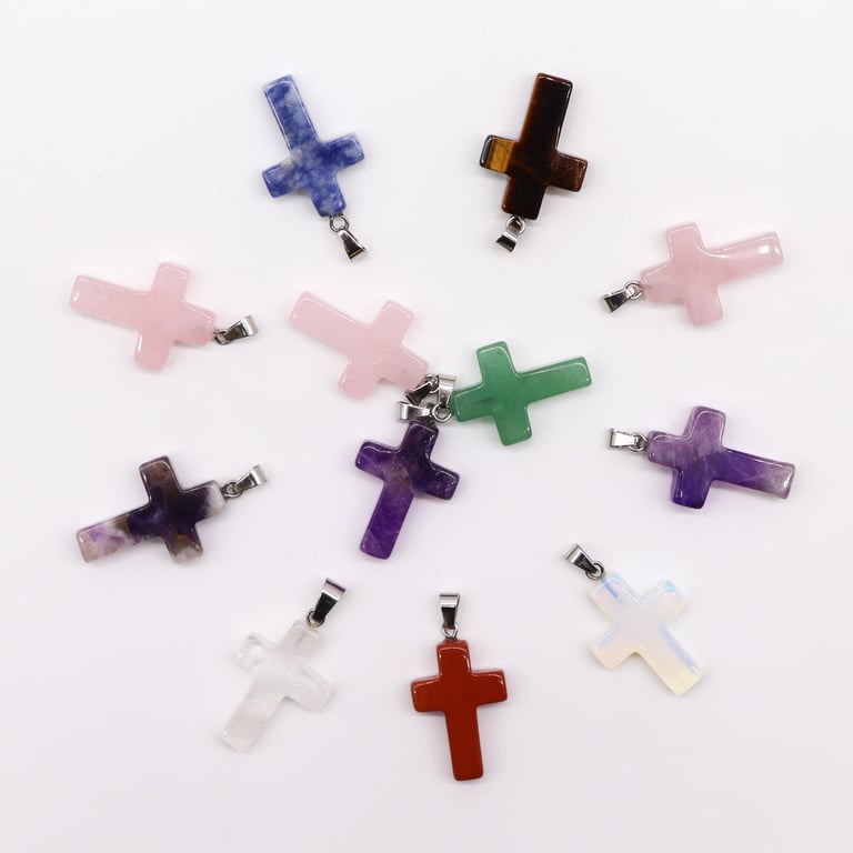 Gemstone Crosses Pendants - 12 Assorted 25x18mm Jewelry Pieces