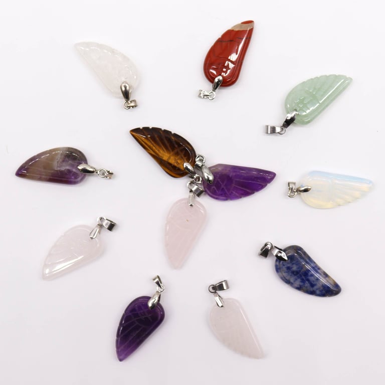 12 Assorted 28x15mm Gemstone Angel Wing Pendants - High Quality Jewelry
