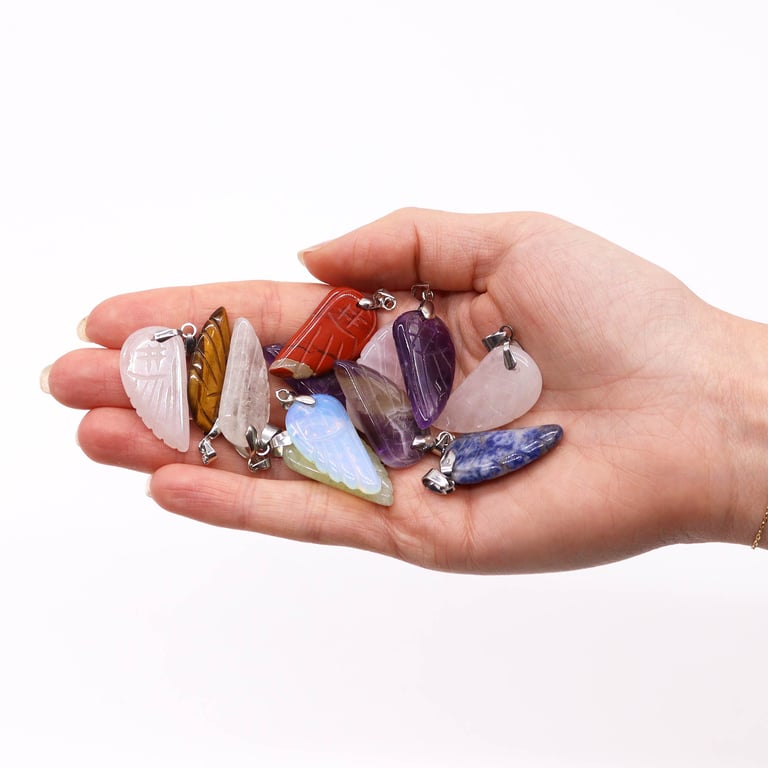 12 Assorted 28x15mm Gemstone Angel Wing Pendants - High Quality Jewelry