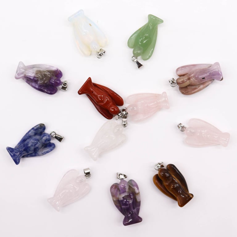 12 Assorted Mini Gemstone Angel Pendants (26x18mm) - Quality Crafted Jewelry