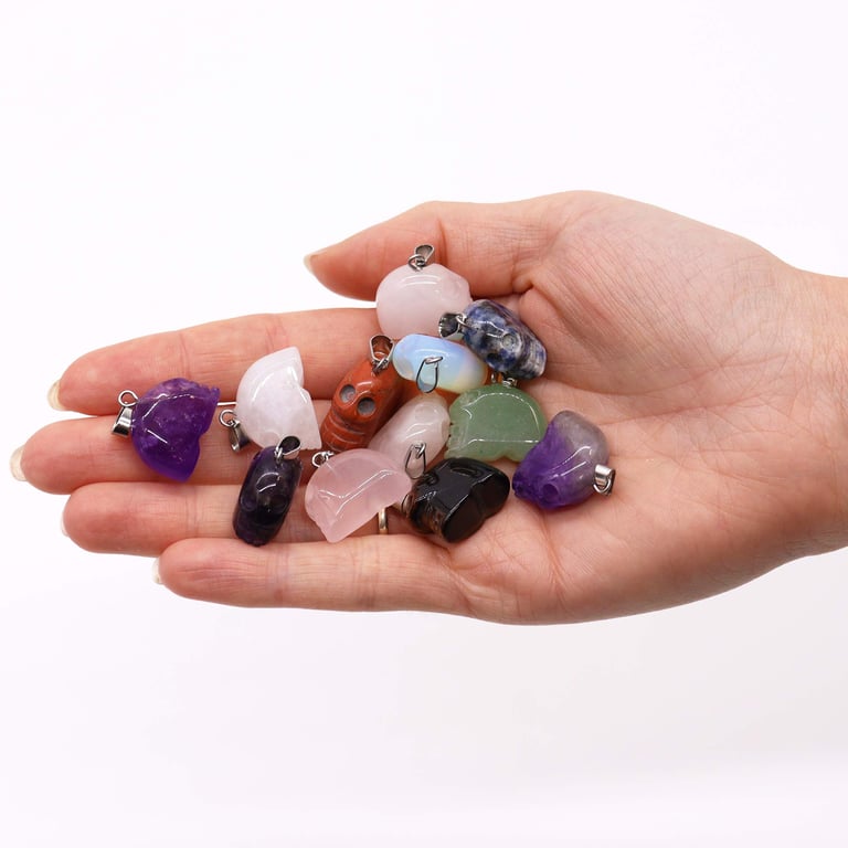 12 Assorted Mini Gemstone Skull Pendants (20x15mm) - High-Quality Jewelry Accessory
