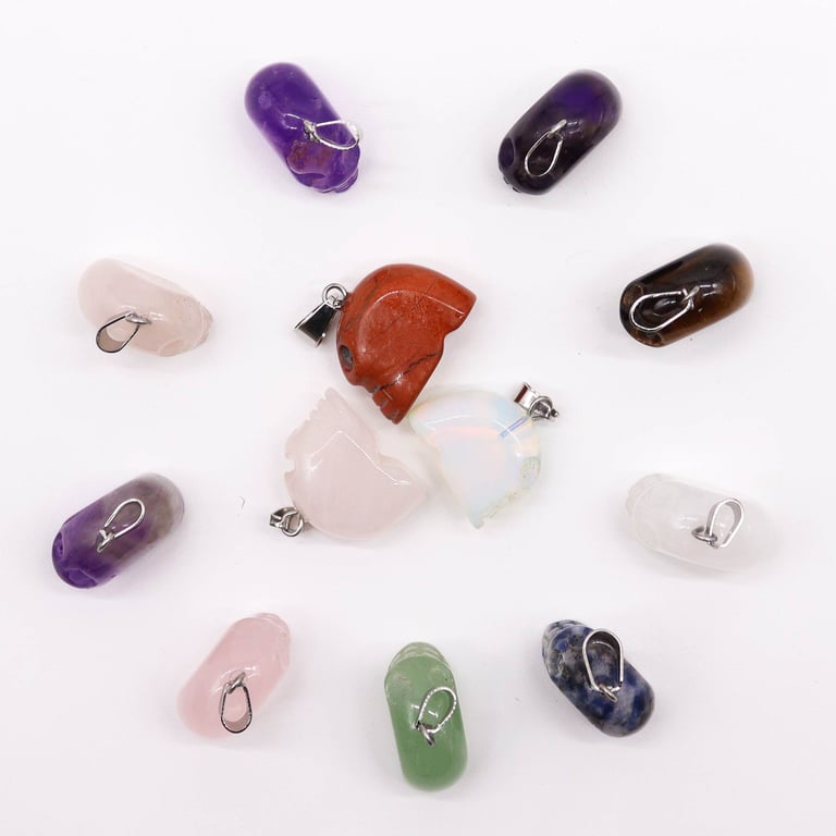 12 Assorted Mini Gemstone Skull Pendants (20x15mm) - High-Quality Jewelry Accessory