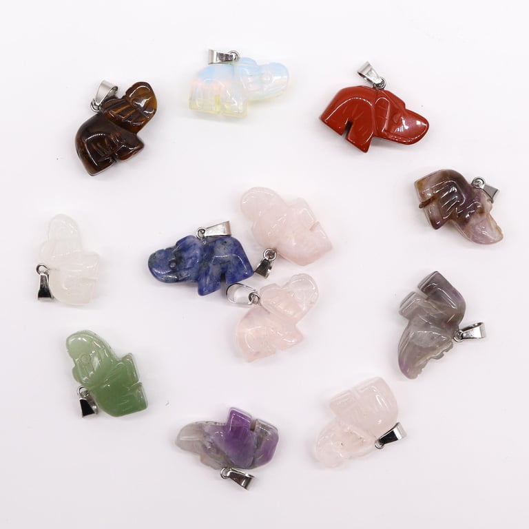 12 Assorted Gemstone Elephant Pendants (25x15mm) - Authentic & Spiritually Empowering