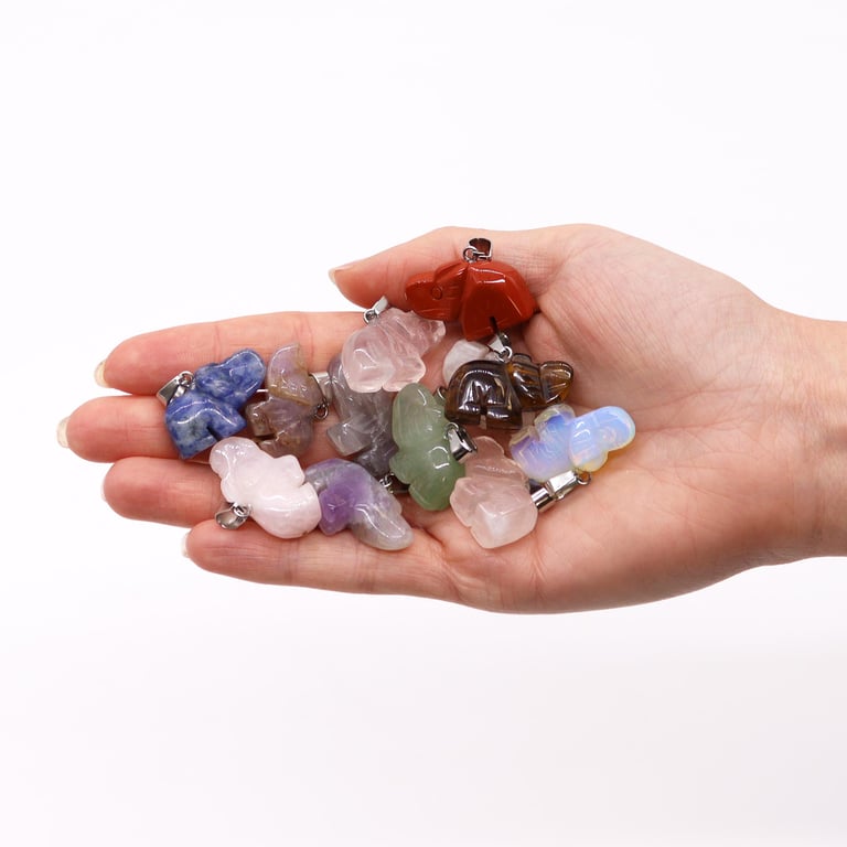 12 Assorted Gemstone Elephant Pendants (25x15mm) - Authentic & Spiritually Empowering