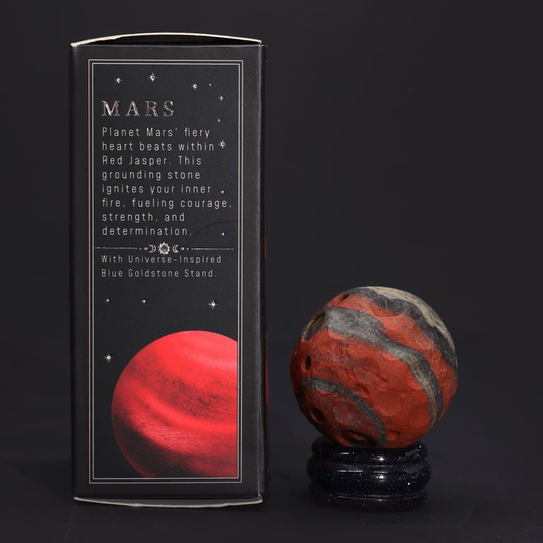 Sola Goldstone Stand with Red Jasper Planet (MARS) - Decorative Geode Accessory