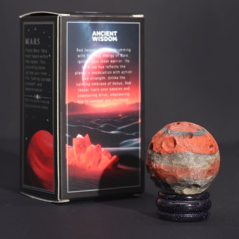 Sola Goldstone Stand with Red Jasper Planet (MARS) - Decorative Geode Accessory