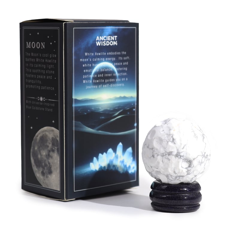 Sola Goldstone Stand with White Howlite Planet Moon Ornament