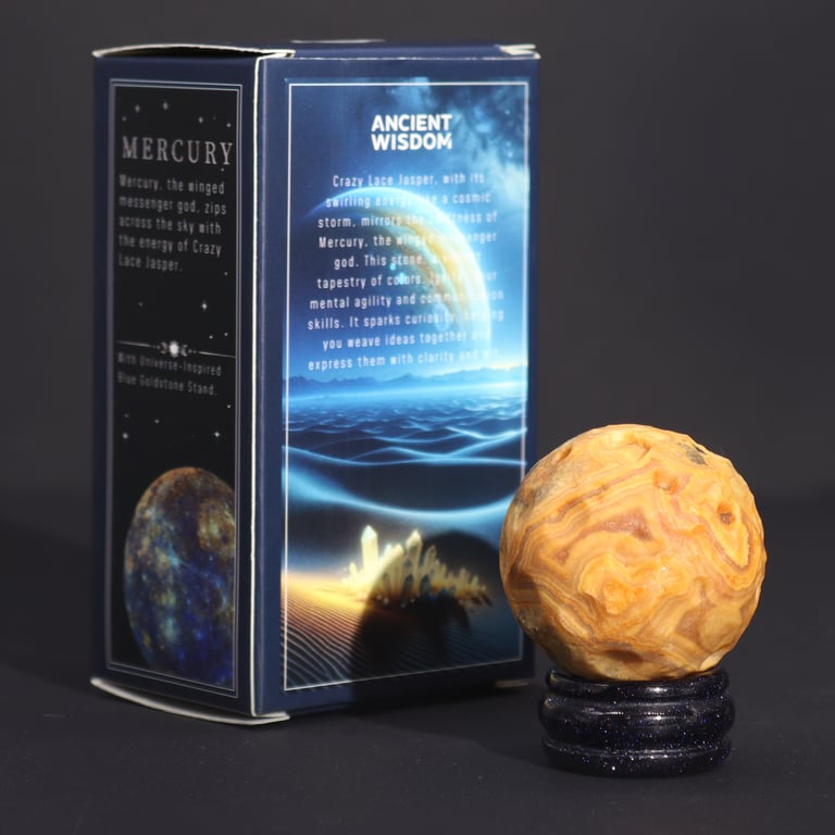 Sola Goldstone Stand with Crazy Lace Jasper Planet (Mercury) - Decorative Gemstone Display