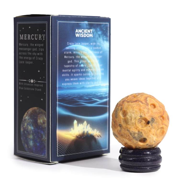 Sola Goldstone Stand with Crazy Lace Jasper Planet (Mercury) - Decorative Gemstone Display