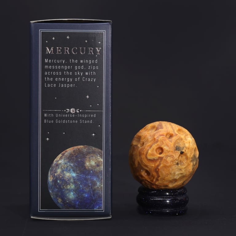 Sola Goldstone Stand with Crazy Lace Jasper Planet (Mercury) - Decorative Gemstone Display