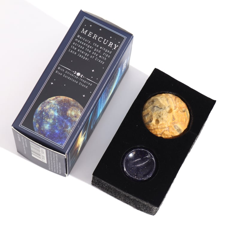 Sola Goldstone Stand with Crazy Lace Jasper Planet (Mercury) - Decorative Gemstone Display