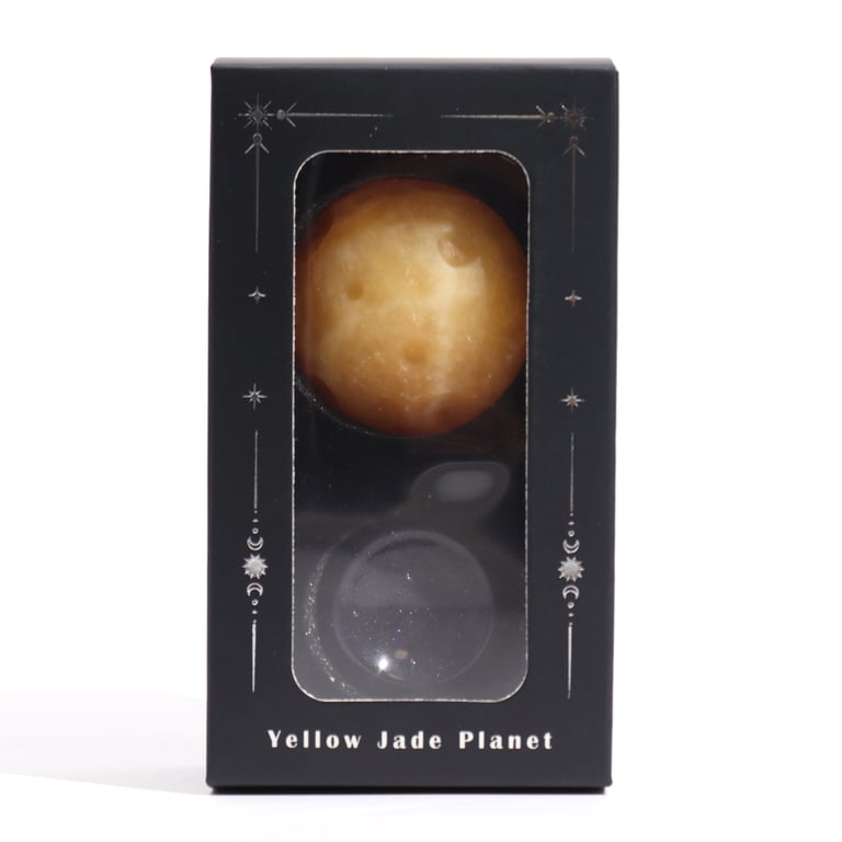 Sola Goldstone Stand with Yellow Jade Planet (SATURN) - Decorative Cosmic Orb Accessory