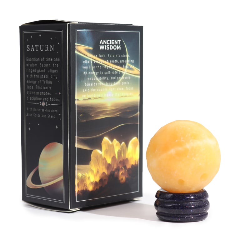 Sola Goldstone Stand with Yellow Jade Planet (SATURN) - Decorative Cosmic Orb Accessory