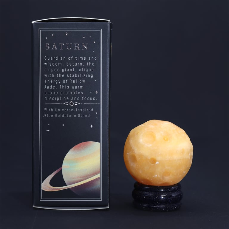 Sola Goldstone Stand with Yellow Jade Planet (SATURN) - Decorative Cosmic Orb Accessory