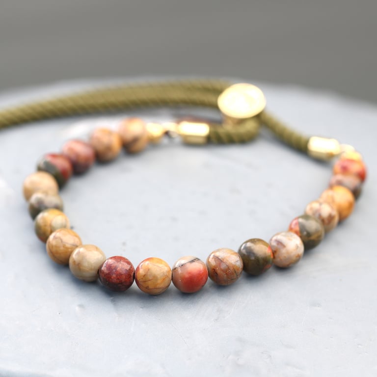 18K Gold Plated Picasso Jasper Gemstone Moss String Bracelet
