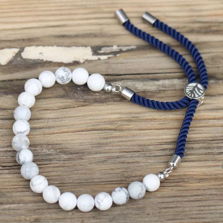 925 Silver Plated White Howlite Gemstone Navy String Bracelet