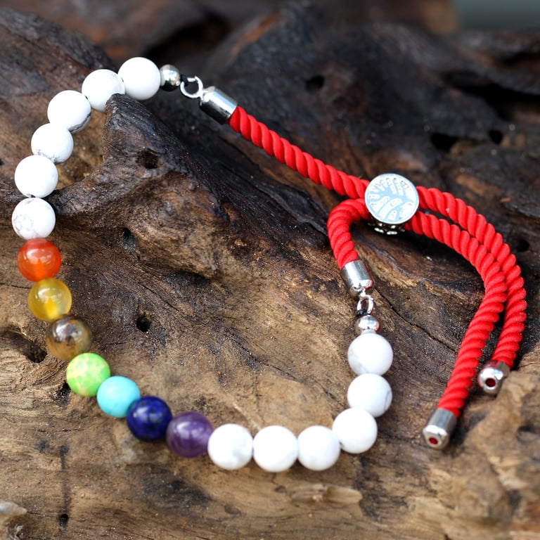 925 Silver Plated Gemstone Royal Red String White Howlite Chakra Balance Bracelet