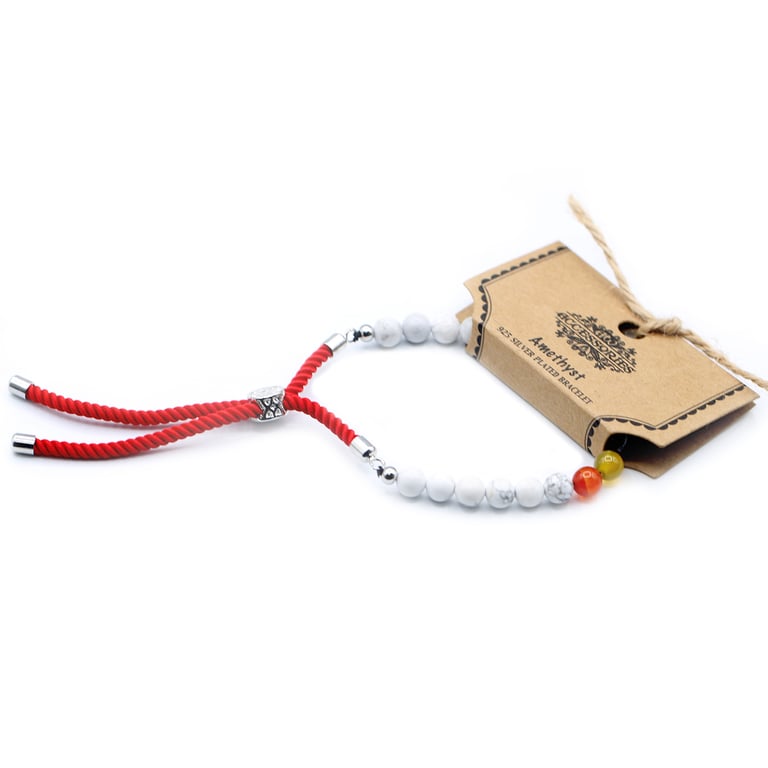 925 Silver Plated Gemstone Royal Red String White Howlite Chakra Balance Bracelet