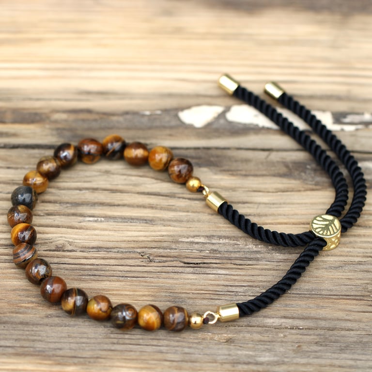 18K Gold Plated Tiger Eye Gemstone Black String English Style Bracelet