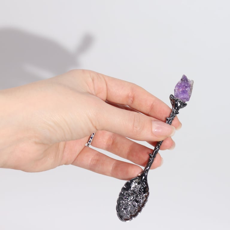 7 Dark Silver Gemstone Crystal Spoons (Set) - Witch Accessory - Premium Quality