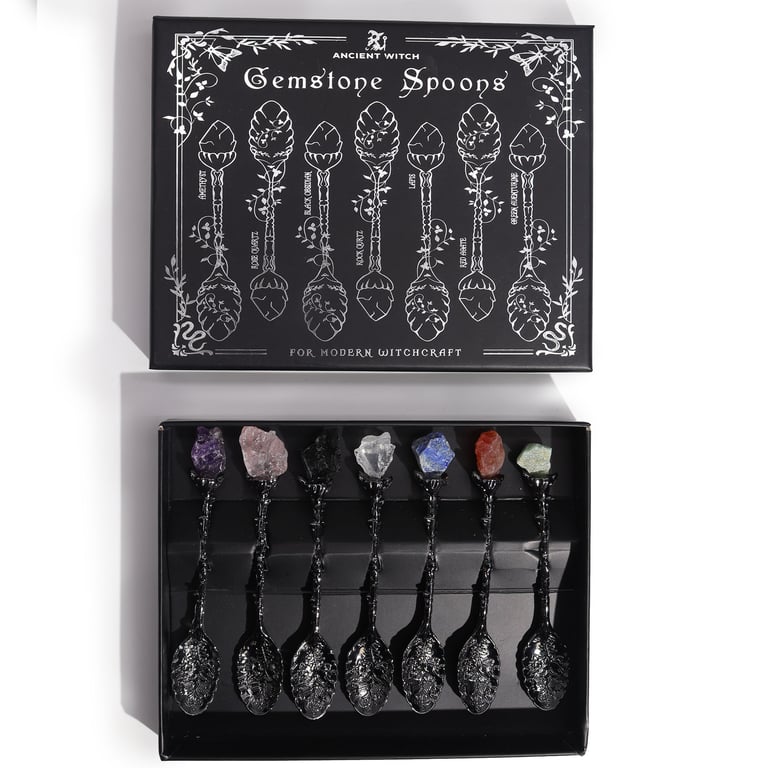 7 Dark Silver Gemstone Crystal Spoons (Set) - Witch Accessory - Premium Quality
